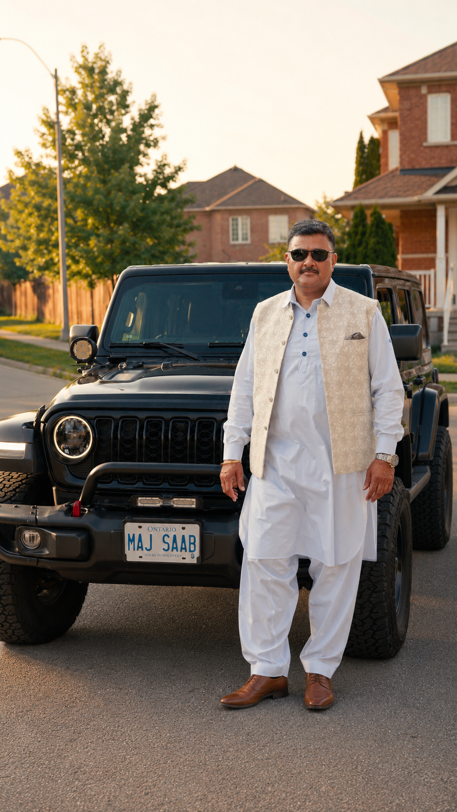Maj. Jagmohan Kabuli (R) standing beside his jeep with a MAJ SAAB Ontario licence plate